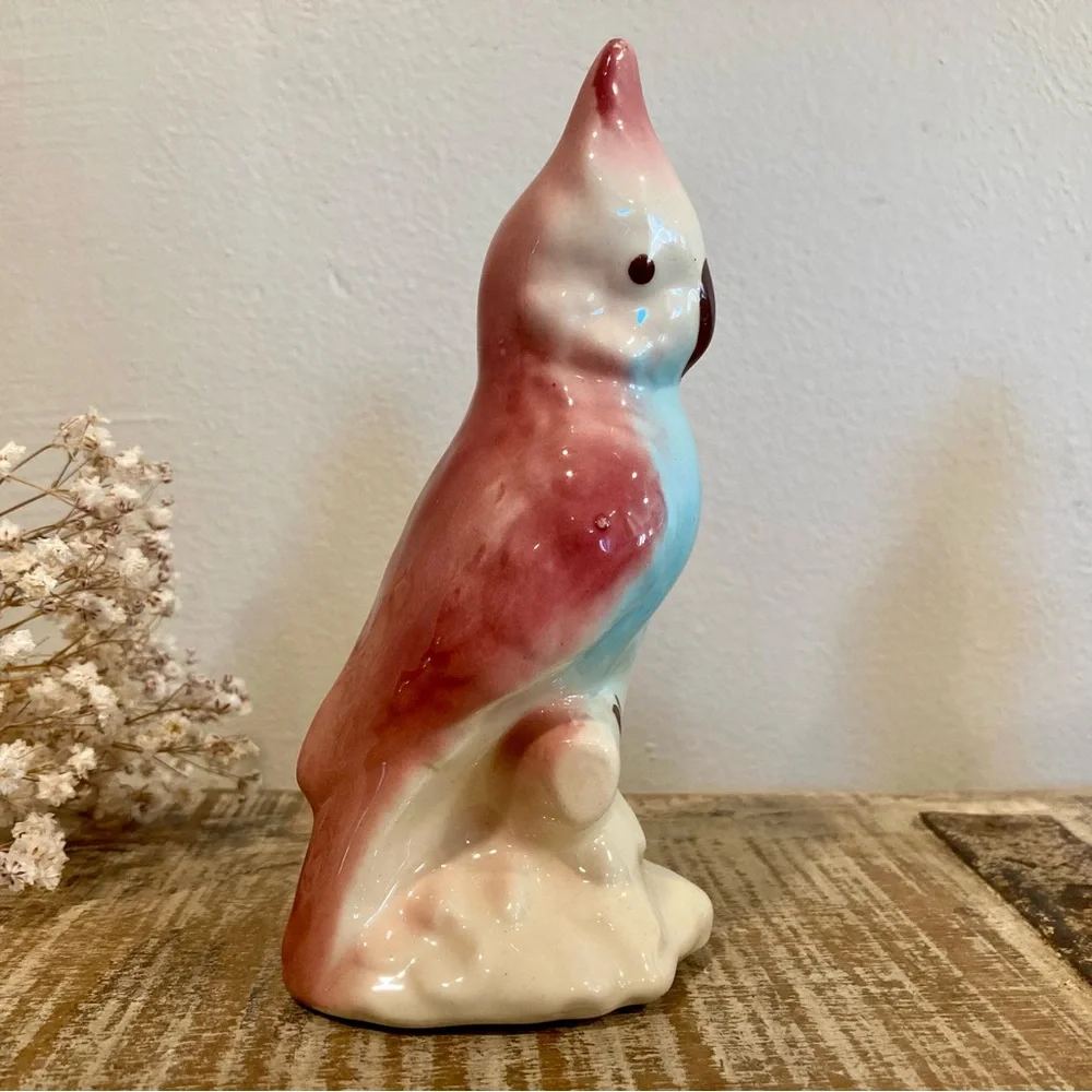 Pair Vintage Parakeet Ceramic Figurines 6” Tall Pinks and Blue